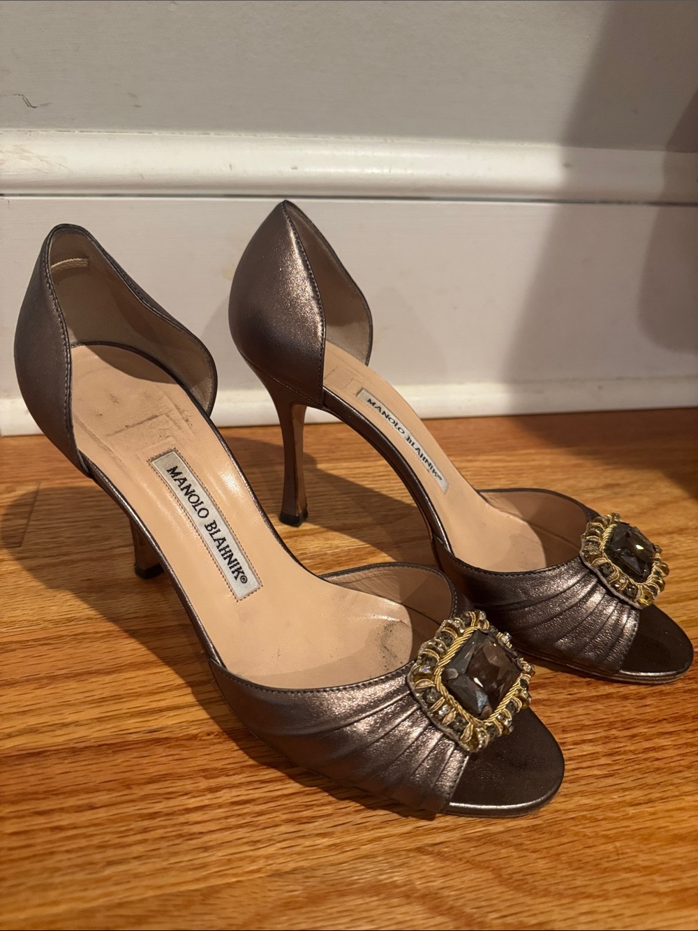 Manolo Blahnik Metallic Bronze Open-Toe D'Orsay Pump with Gold Jewel Buckle